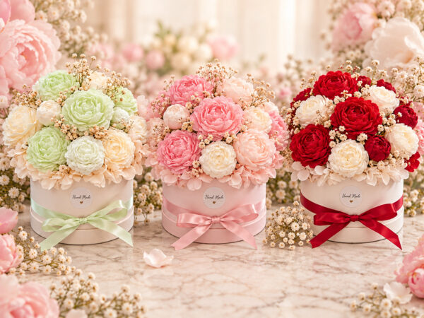 Elegancki duży flowerbox z mydeł glicerynowych — kobiecy zapachy perfum personalizacja