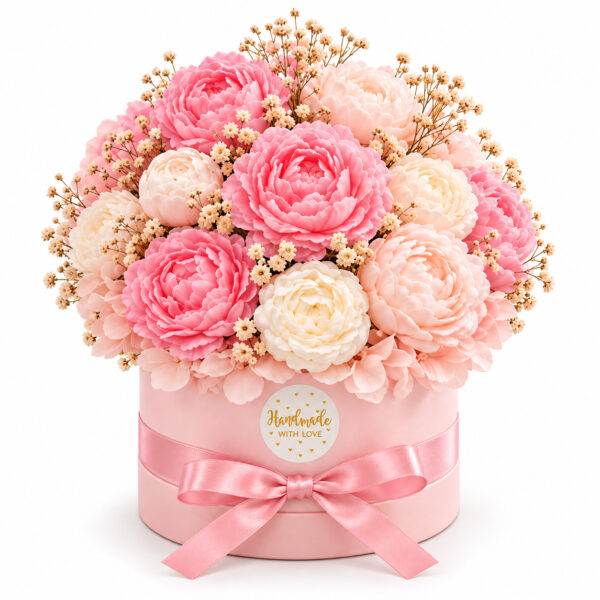 Elegancki duży flowerbox z mydeł glicerynowych — kobiecy zapachy perfum personalizacja
