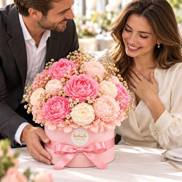 Elegancki duży flowerbox z mydeł glicerynowych — kobiecy zapachy perfum personalizacja