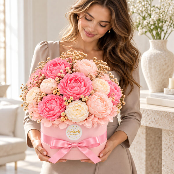 Elegancki duży flowerbox z mydeł glicerynowych — kobiecy zapachy perfum personalizacja